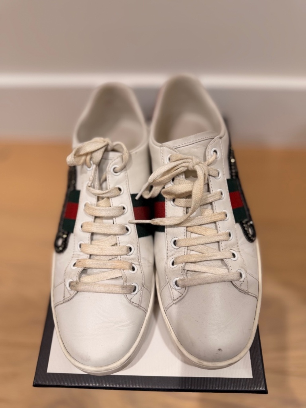 Gucci Ace White Leather Sneakers Crystal Safety Pin Web Stripe EU 40